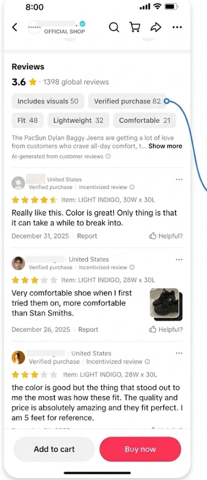 A product detail page review section showing insight chips: Includes visuals 50, Verified purchase 82, Fit 48, Lightweight 32, Comfortable 21, above the individual customer reviews.