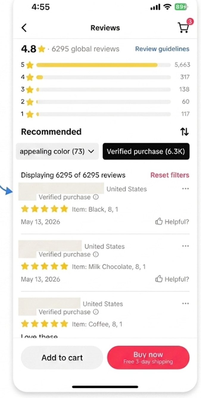 The reviews page filtered by one chip, showing the individual verified-purchase reviews that support it.